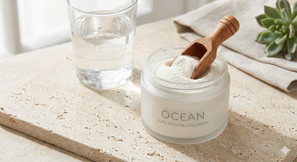 Pot de collagène marin poudre pure 250g ouvert avec sa cuillère doseuse