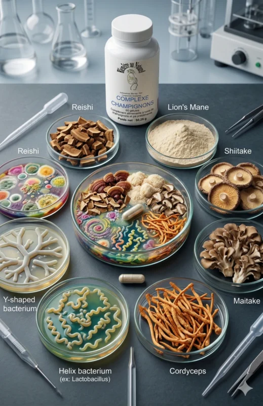 Complexe champignons Bio - Immunité et Défenses Naturelles Une photographie en gros plan montre une disposition circulaire de huit récipients en verre : cinq contenant des extraits de champignons (Reishi, Shiitake, Maitake, Héricium, Cordyceps) et trois contenant des cultures vibrantes de probiotiques (Bifidobacterium, Lactobacillus). Au centre, un neuvième récipient plus grand contient un mélange synergique des huit éléments, avec une gélule du flacon de "Complexe Champignons" posée à côté.