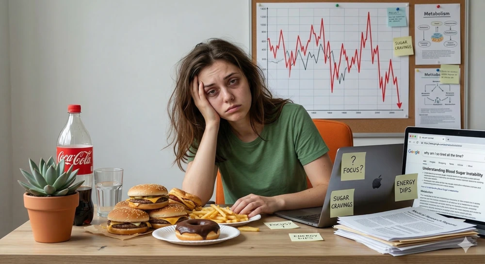Illustration éducative vectorielle propre et moderne montrant une femme fatiguée suite à un grand repas, entourée d'icônes de fringales sucrées et de fatigue brutale. Le titre est "Symptômes d'une Glycémie Instable". Des graphiques de glycémie volatils forment le fond.