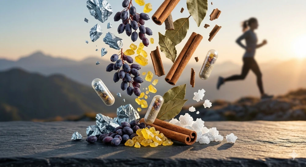 llustration dynamique d'une personne fit et saine courant avec énergie sur un chemin de parc ensoleillé. Elle tient le Complexe Glycémie et un panier de légumes frais. Des icônes d'exercice, d'hydratation et d'un repas équilibré flottent à l'arrière-plan. Une onde verte stable traverse la scène. Le titre est "Équilibre et Énergie au Quotidien", avec le texte "UNE ROUTINE SANTÉ COMPLÈTE".