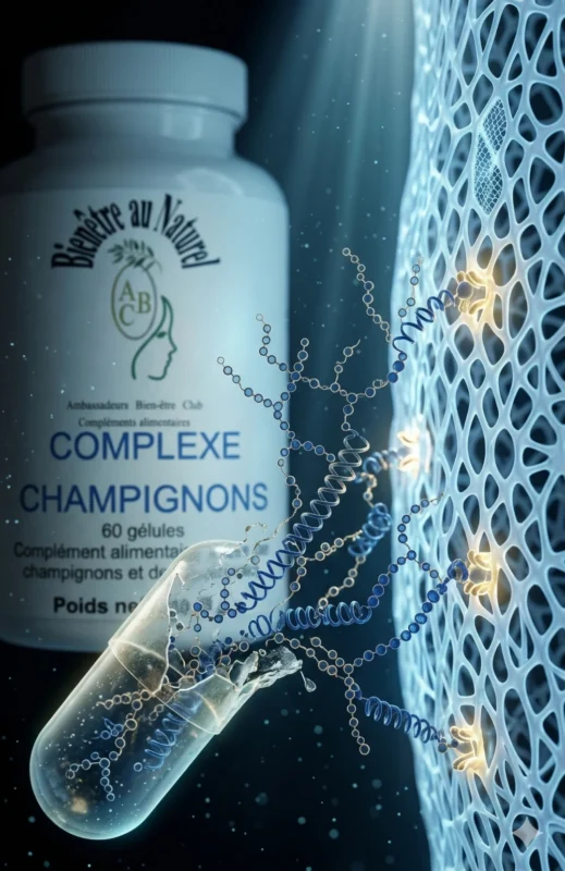 Complexe champignons Bio - Immunité et Défenses Naturelles Une macro-photographie conceptuelle et artistique montre des structures moléculaires complexes, représentant les bêta-glucanes, se détachant d'une gélule de "Complexe Champignons" et se liant à une paroi intestinale stylisée et saine, symbolisant leur absorption et leur activation.