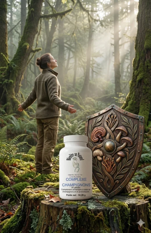 Complexe champignons Bio - Immunité et Défenses Naturelles Une scène de forêt matinale brumeuse montre une personne de profil inspirant l'air pur, symbolisant la résilience. Un bouclier en bois et métal patiné, sculpté de motifs de champignons et de feuilles d'olivier, repose sur une souche de mousse à côté du flacon de "Complexe Champignons" de Bien-être au Naturel.