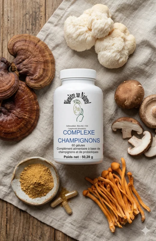 Complexe champignons Bio - Immunité et Défenses Naturelles Une photographie de style flat-lay montre un flacon de Bien-être au Naturel "Complexe Champignons" entouré d'échantillons disposés avec art de ses ingrédients bruts : champignons Reishi, Shiitake, Maitake, Héricium et Cordyceps séchés, ainsi que des gélules ouvertes.