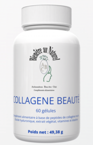 COLLAGENE BEAUTÉ : Anti Âge. Collagène Marin Pur, Acide Hyaluronique, Extrait de pépin de raisin (95 % OPC), Élastine, Vitamines C et E, 60 gélules / 1 mois