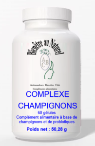 COMPLEXE CHAMPIGNONS Renforce le système immunitaire - S'associe au traitement des dérèglements cellulaires - Dévoloppe les cellules tueuses (NK) - 60 gélules pour un mois