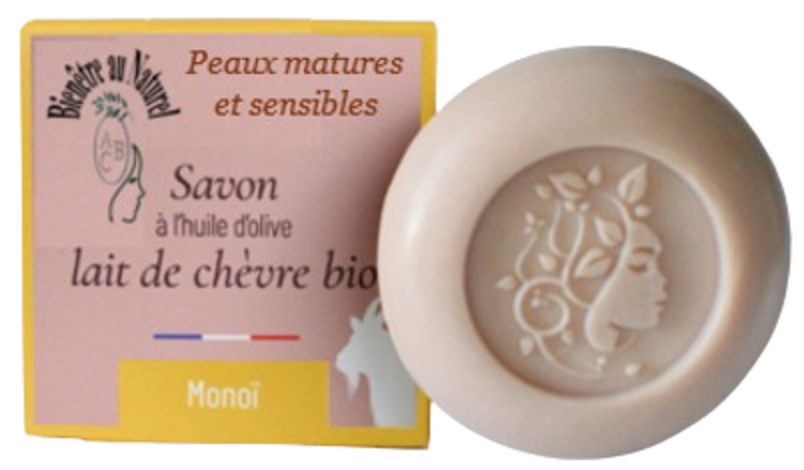 SAVON LAIT CHEVRES et MONOÏ ss fond SAVON au Lait de CHÈVRE BIO + Parfum MONOÏ - Toute la famille - 100 g – Image 1
